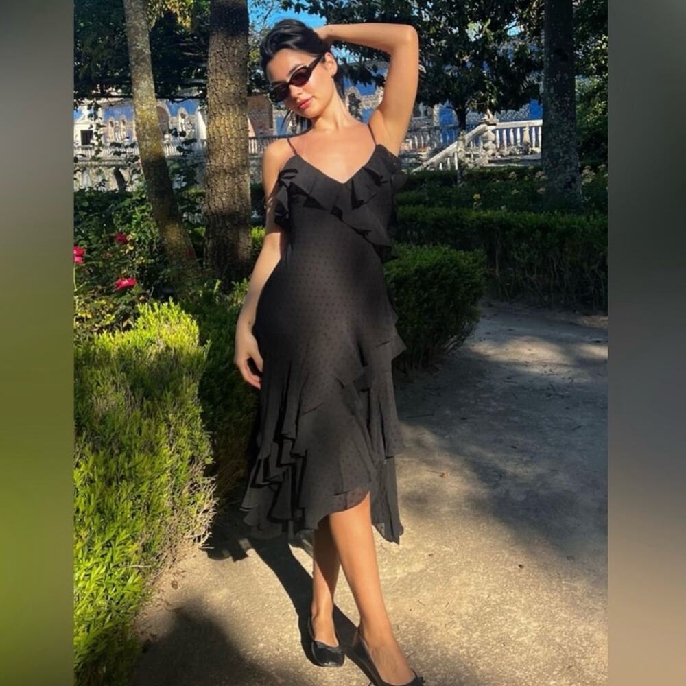 NEW Rumored Dot Ruffle Tiered Cha Cha Midi Dress in Black Women's Small $128 - Picture 8 of 12